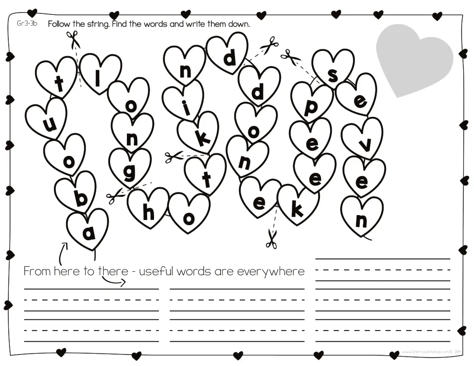 Heart string puzzle Gr3-3b: scissor marks divide about, long, hot, kind, done, keep and seven in the chain