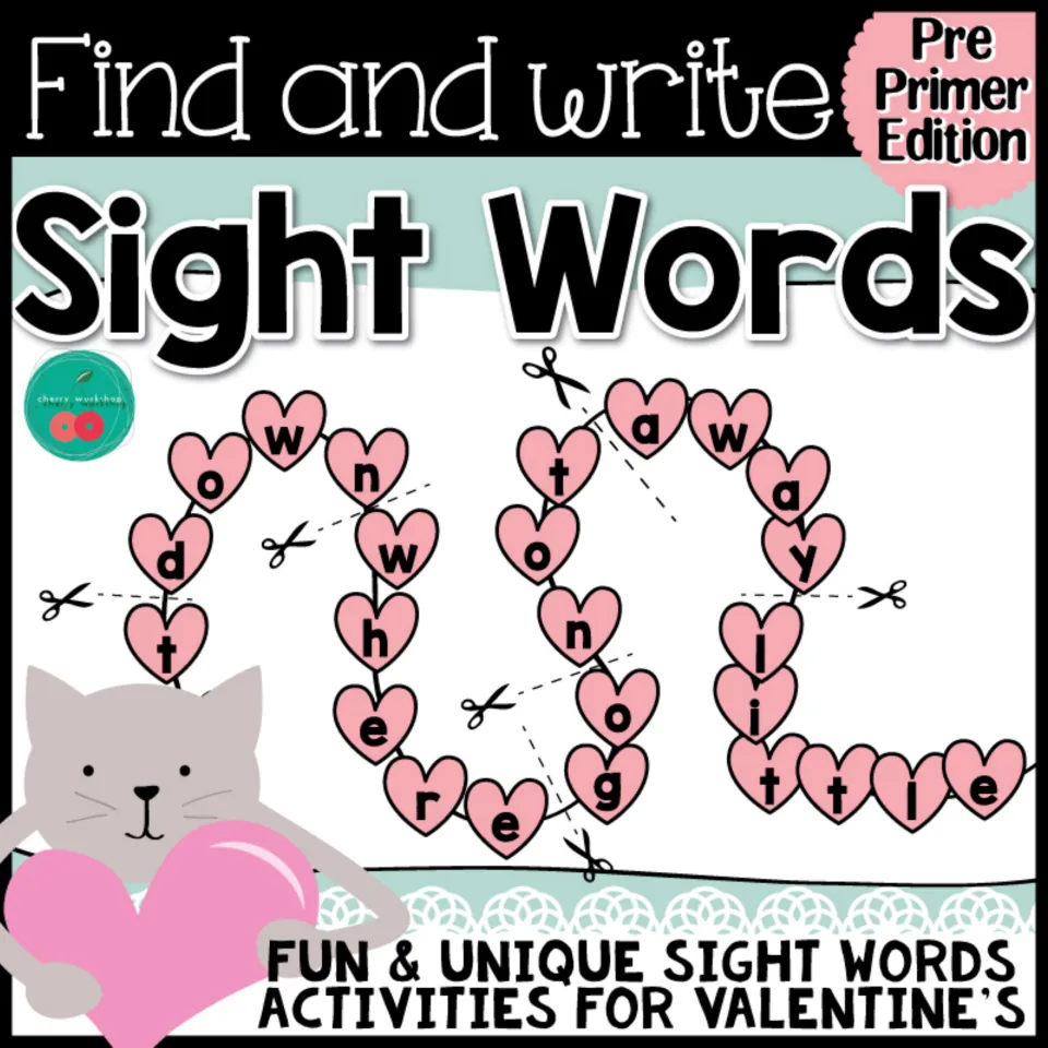 Find and Write Sight Words cover, Pre-Primer Edition: letters on a string of pink hearts hide words like down and little