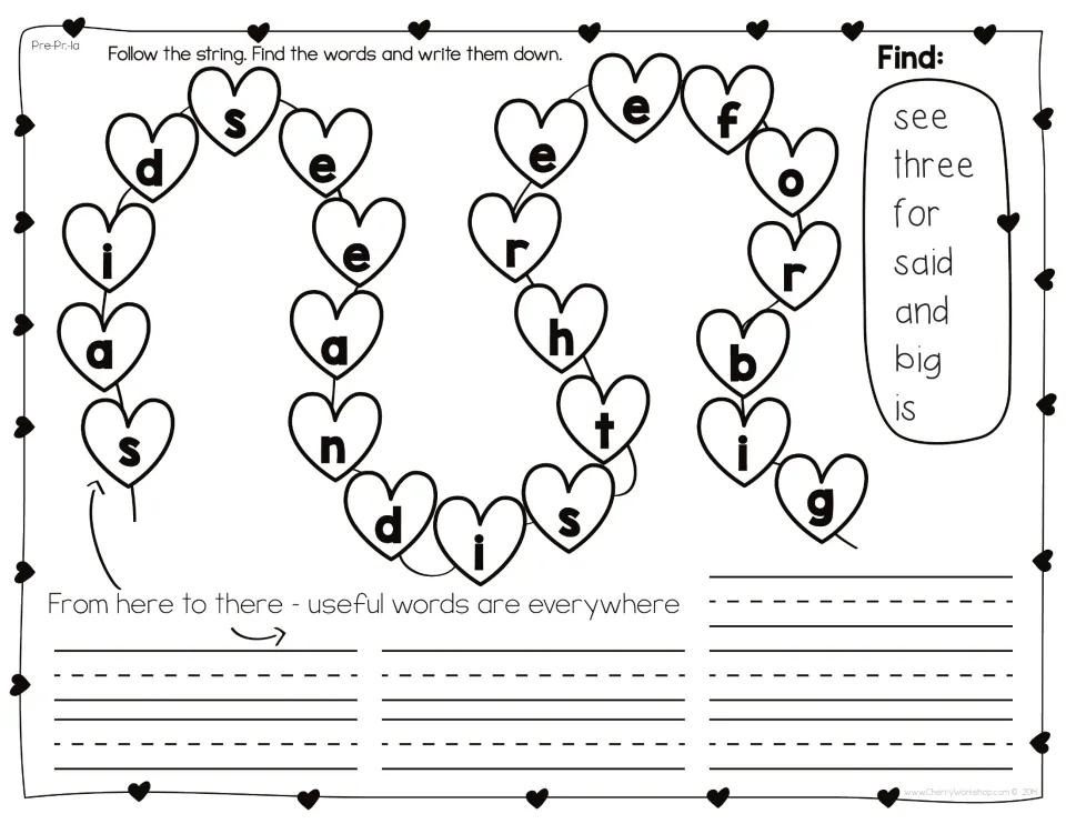 Heart string sight word hunt: students follow the letters to find see, three, for, said, and, big and is, then write them