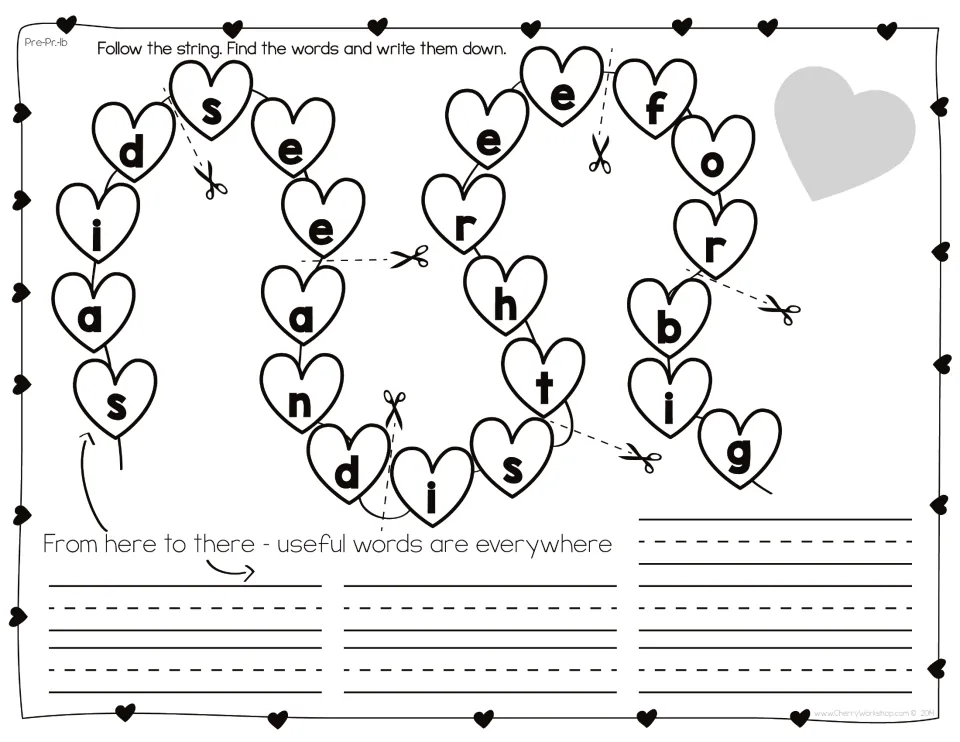 Sight word hunt, set 1b: scissor marks split the heart letter string into words like said, see and three to copy out