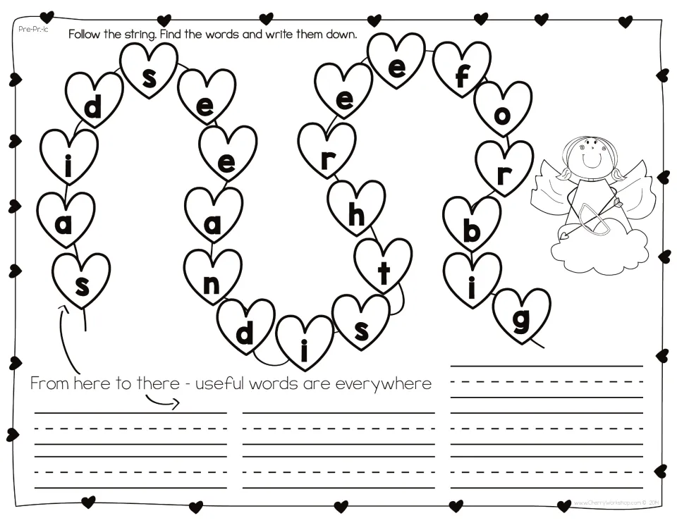 Sight word hunt, set 1c with a cupid: students find the hidden words in one unbroken heart letter string with no clues