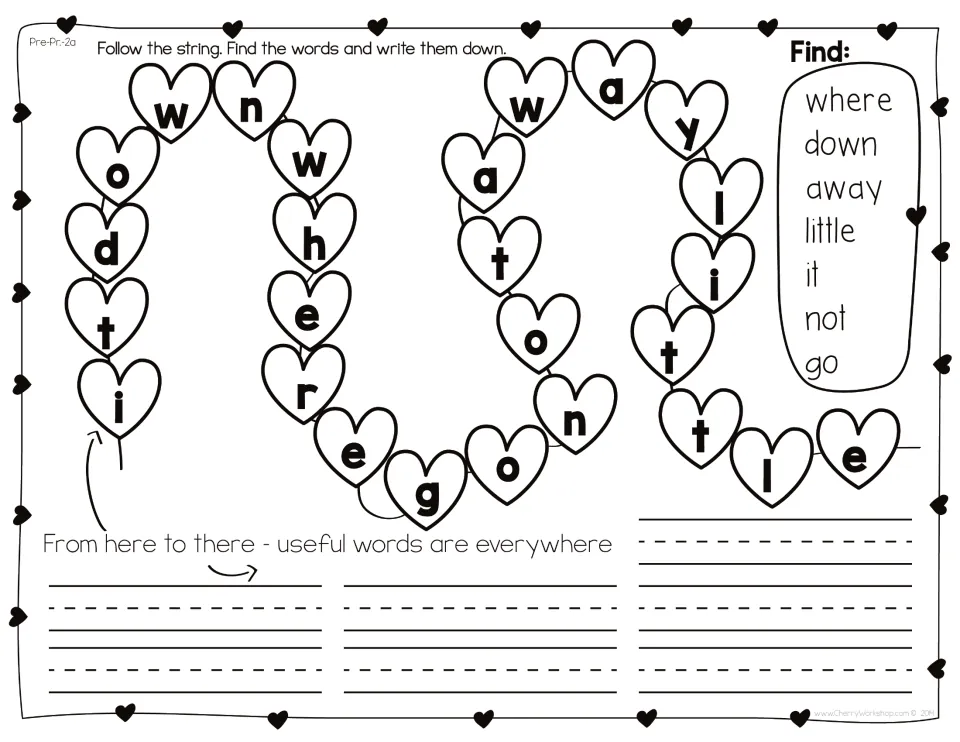 Heart string sight words, set 2a: students track letters to find where, down, away, little, it, not and go and write them