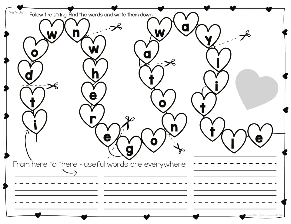 Set 2b word hunt: scissor cuts show where words such as it, down, where and go begin and end on the heart letter string