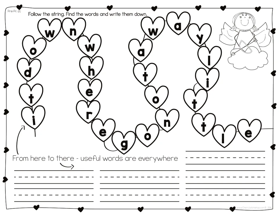 Set 2c no-clue hunt: students spot sight words in a looping heart letter string beside a cupid and copy each one below