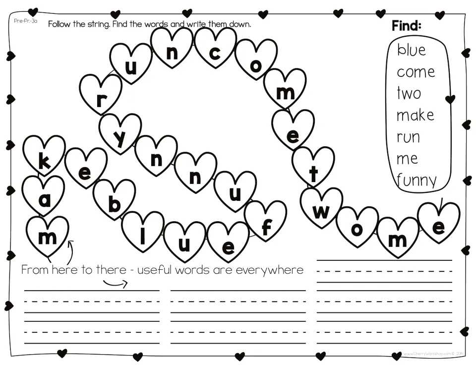 Heart letter string, set 3a: students find make, blue, funny, run, come, two and me in the letters and write each word