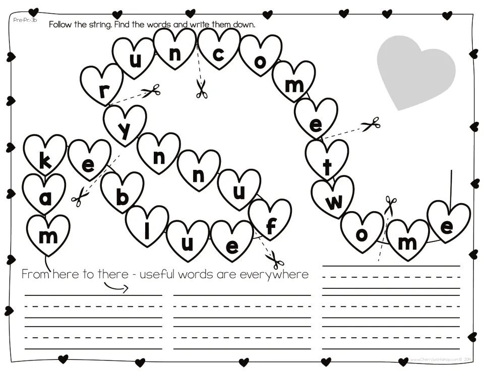 Set 3b word hunt: cut marks divide the heart string into make, blue, funny, run, come, two and me for students to write