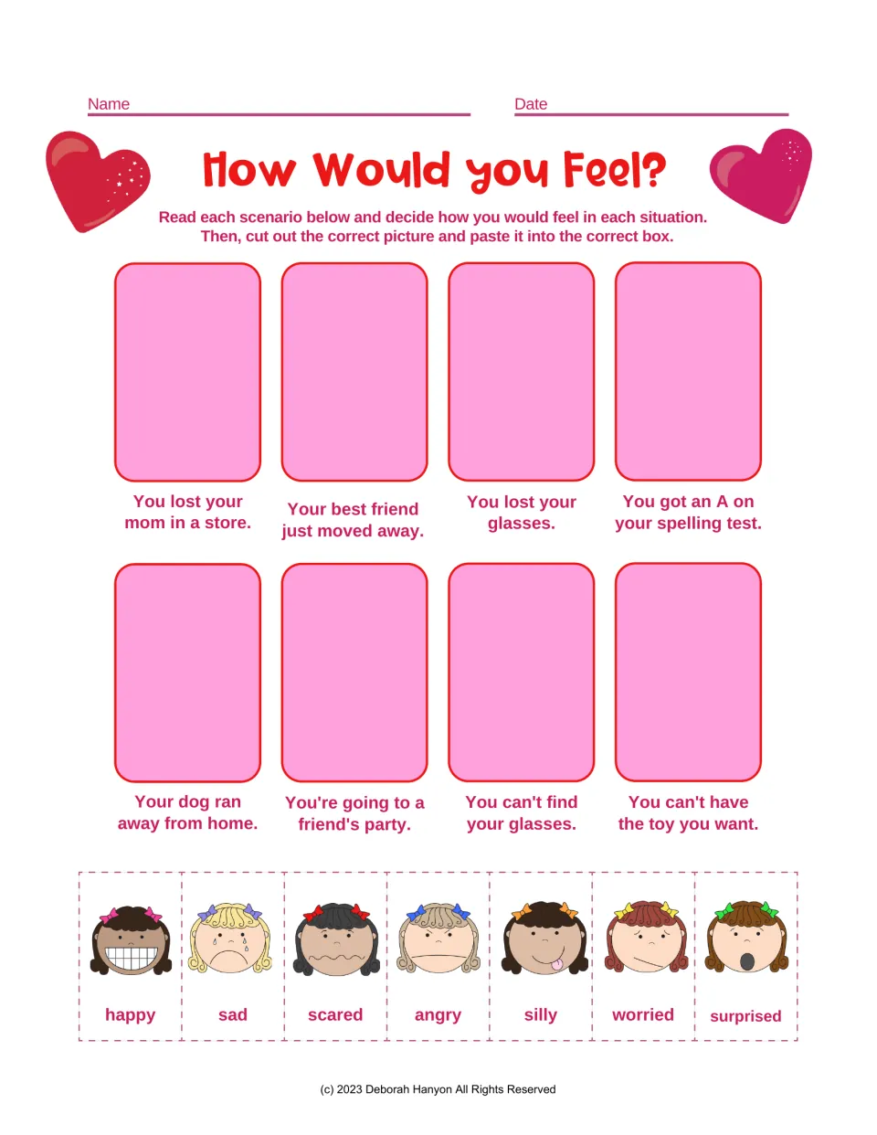 Feelings cut-and-paste activity: eight scenarios about losing Mom, a friend moving away, a party, and more.