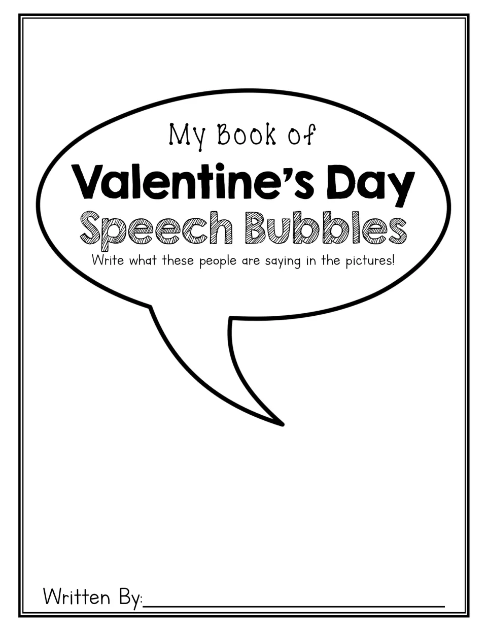 Student book cover labeled 'My Book of Valentine's Day Speech Bubbles' with a space for the author's name