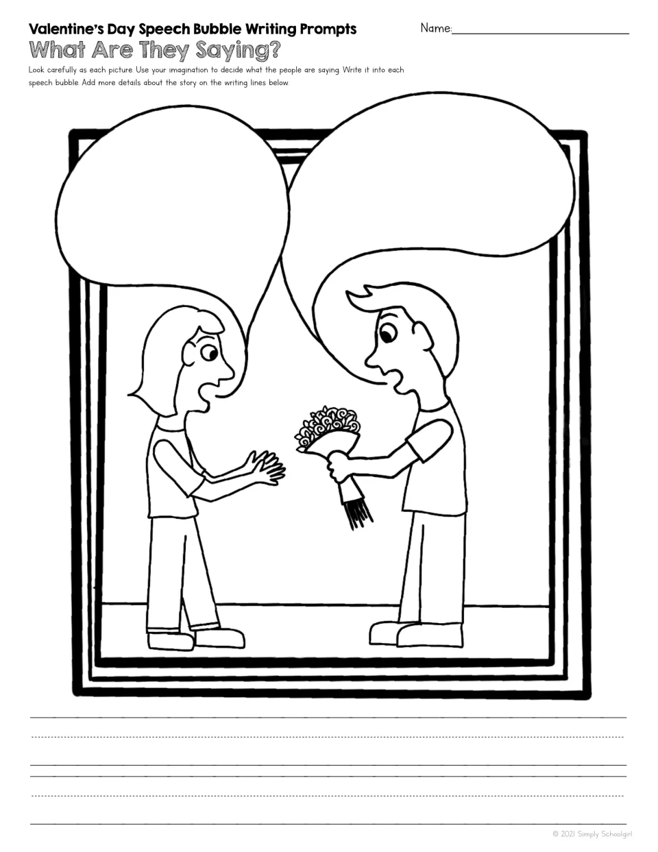 Writing prompt 1 of 5: two people exchanging flowers, with speech bubbles for students to invent dialogue