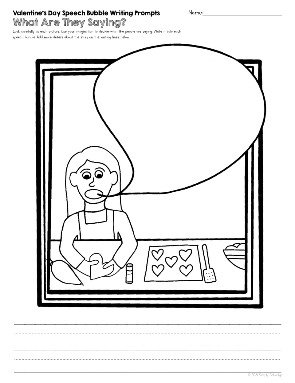 Writing prompt 2 of 5: a person preparing heart-shaped cookies, with a speech bubble to imagine their words