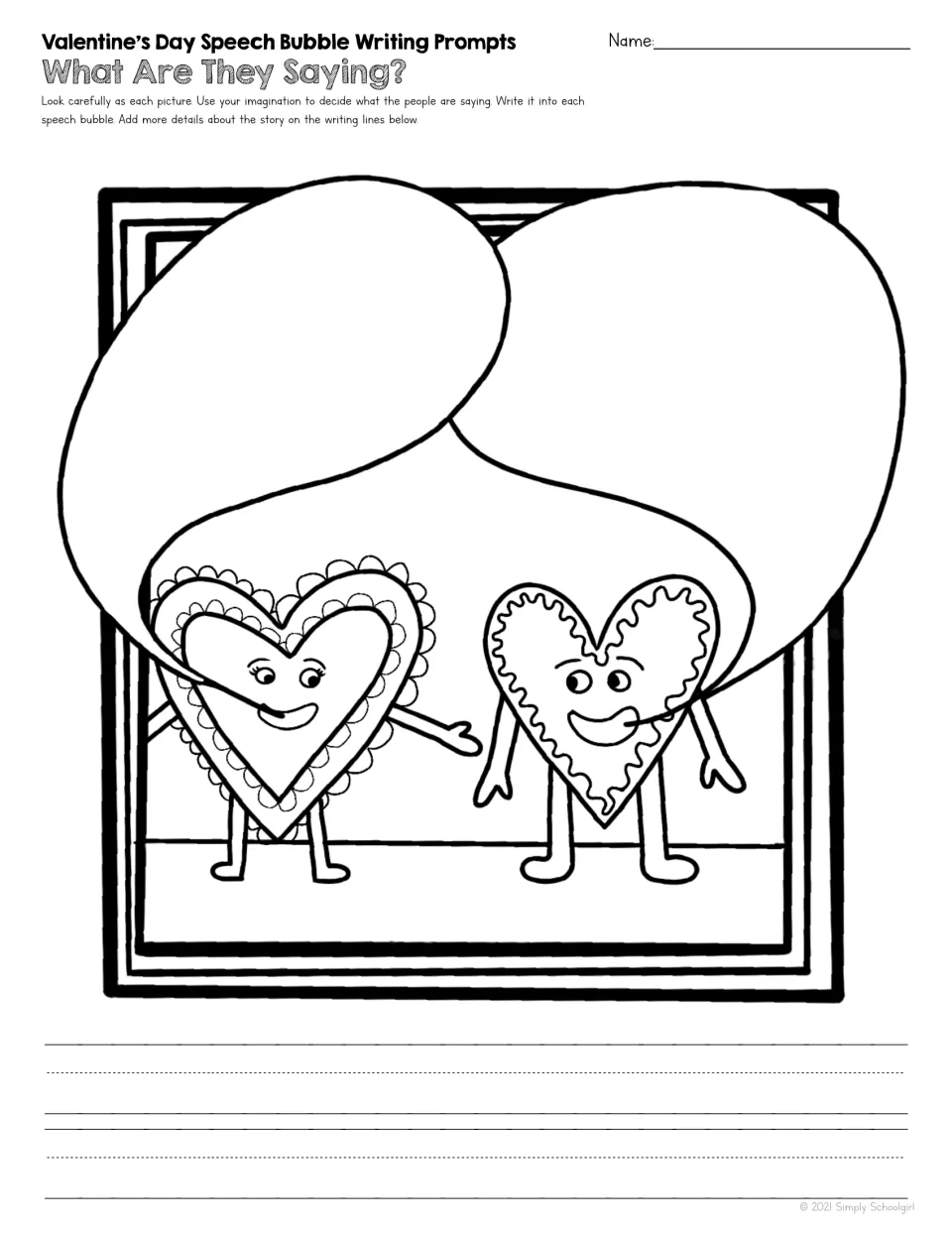 Writing prompt 3 of 5: two smiling heart characters, with speech bubbles for students to write a conversation