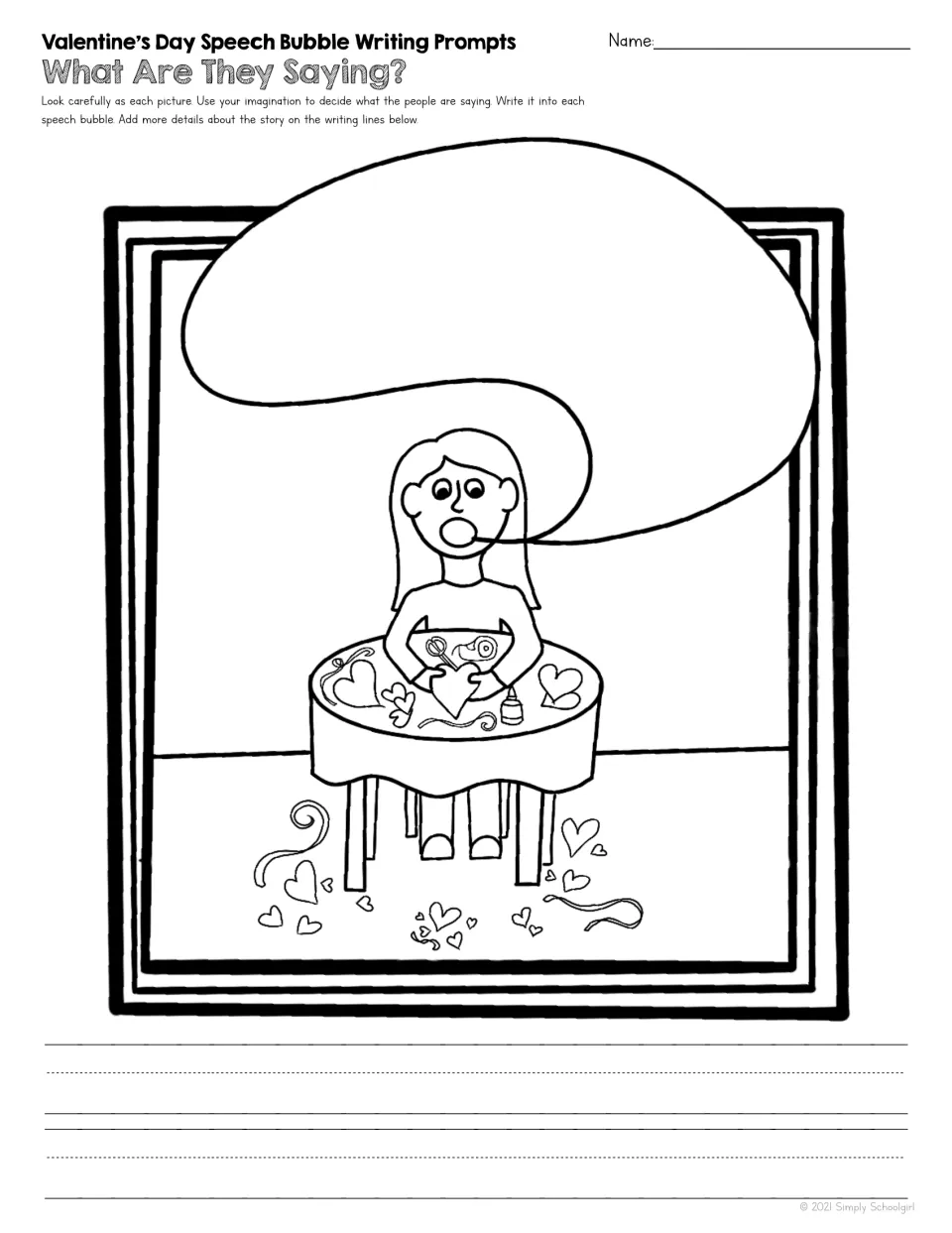 Writing prompt 4 of 5: a person making paper hearts at a table, with a speech bubble for imagined dialogue