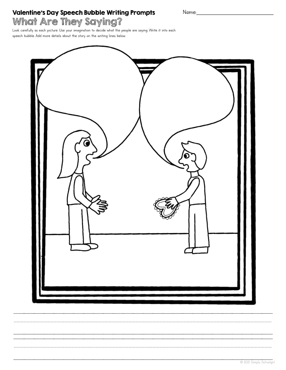 Writing prompt 5 of 5: one person offering another a decorated heart, with two speech bubbles to fill in