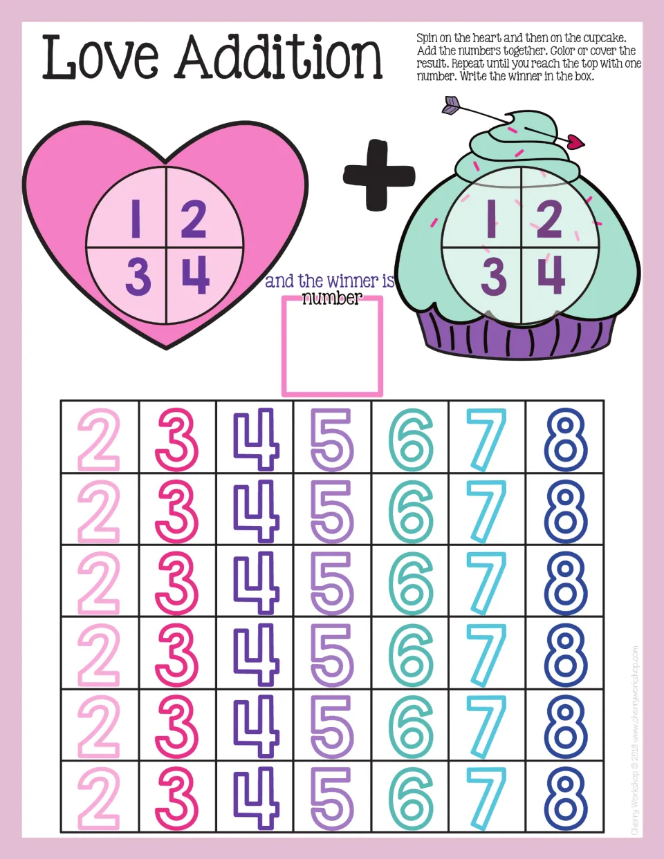 Love Addition spin and solve mat: heart spinner 1–4 plus cupcake spinner 1–4, with sums 2 to 8 to color or cover