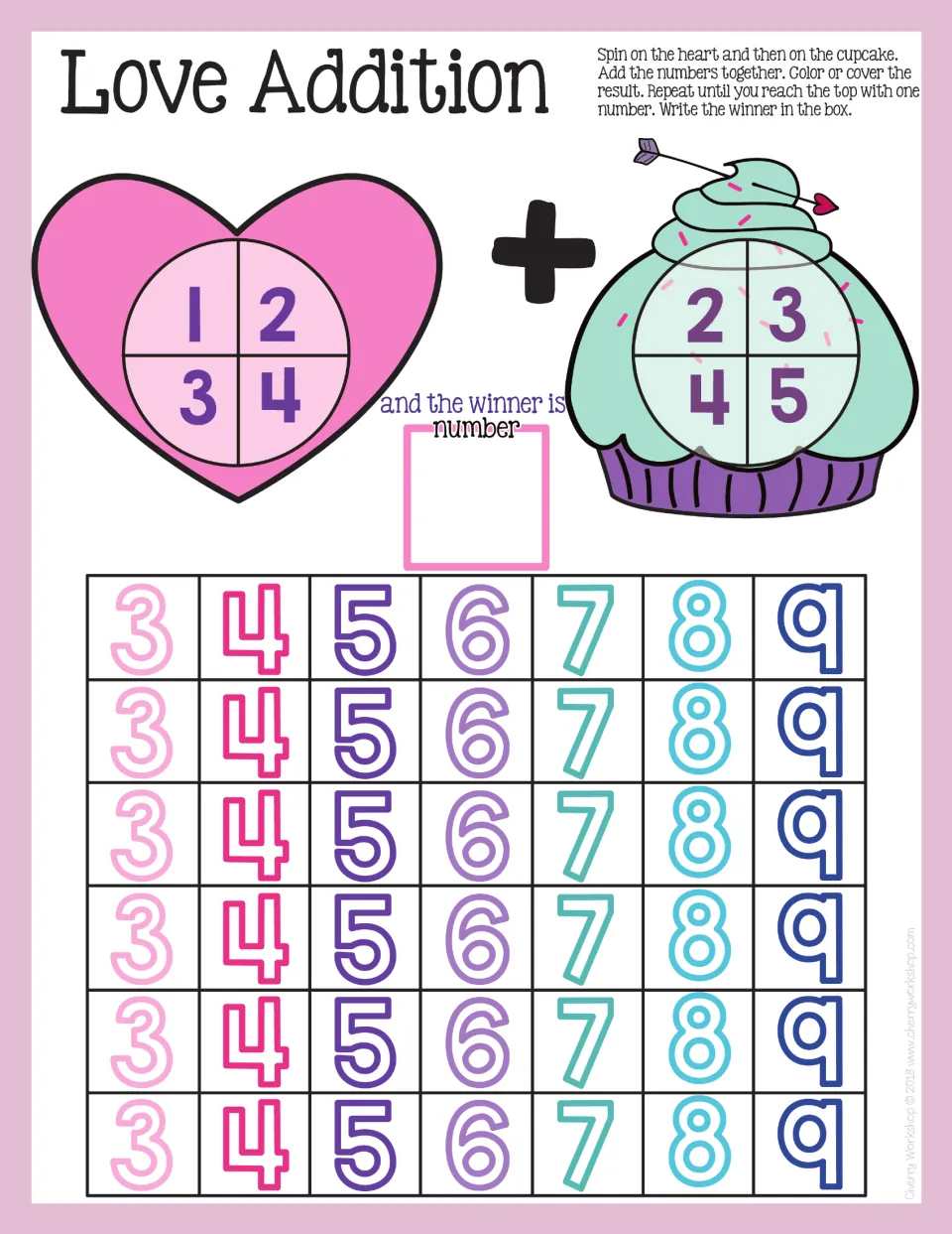 Love Addition mat adding heart spinner 1–4 and cupcake spinner 2–5, with sums 3 to 9 to color or cover