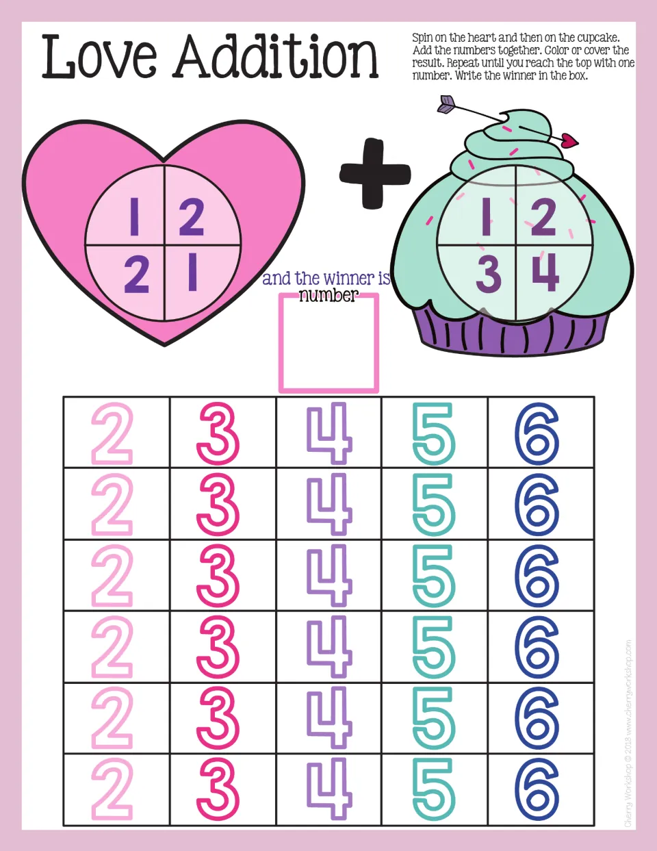 Love Addition mat: heart spinner 1, 2, 2, 1 plus cupcake spinner 1–4, with sums 2 to 6 to color or cover