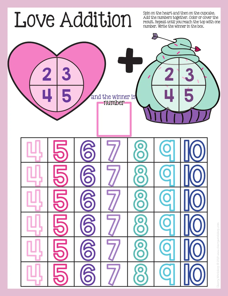 Love Addition mat with heart and cupcake spinners both showing 2–5, and sums 4 to 10 to color or cover