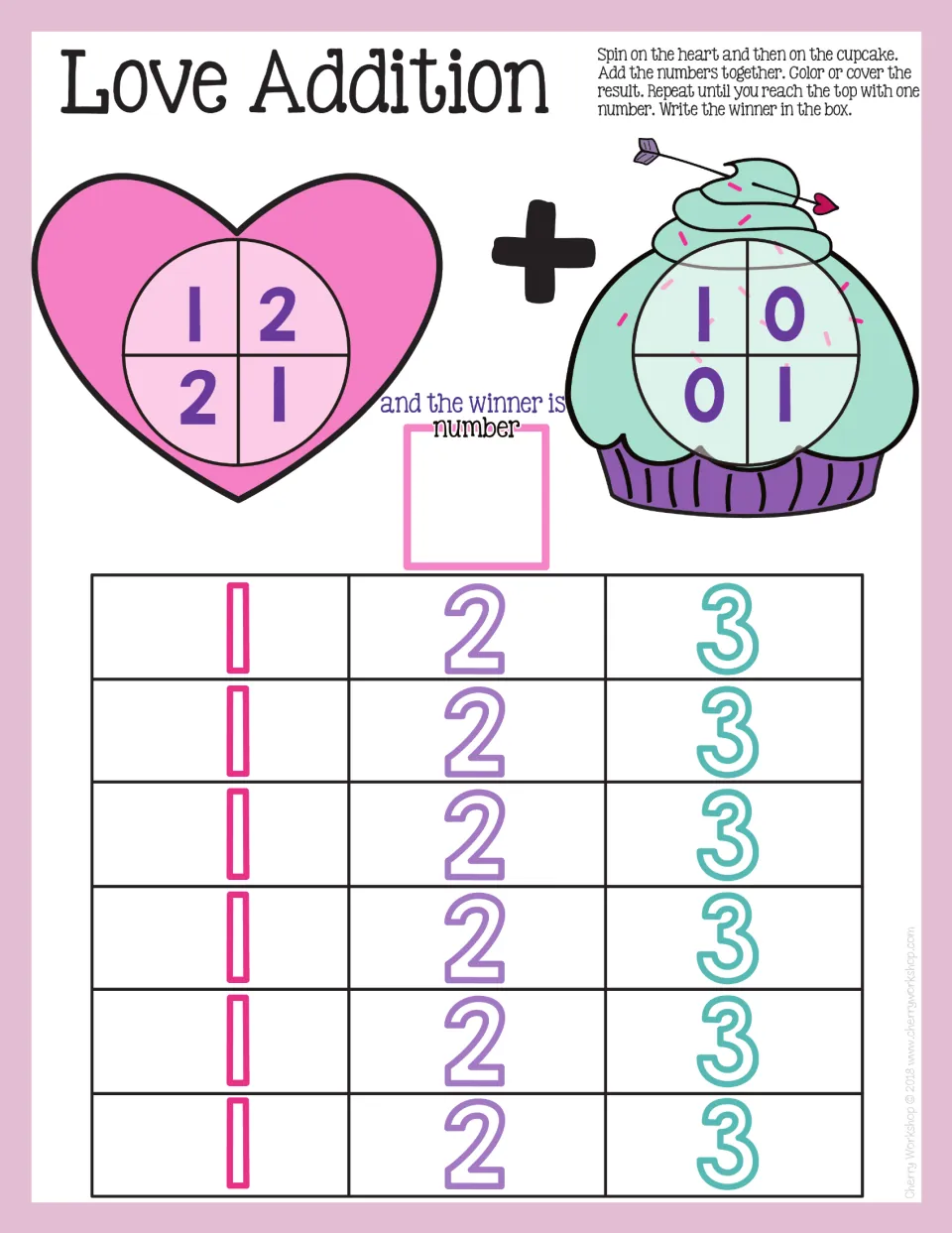 Love Addition mat adding heart spinner 1–2 and cupcake spinner 0–1, with sums 1 to 3 to color or cover