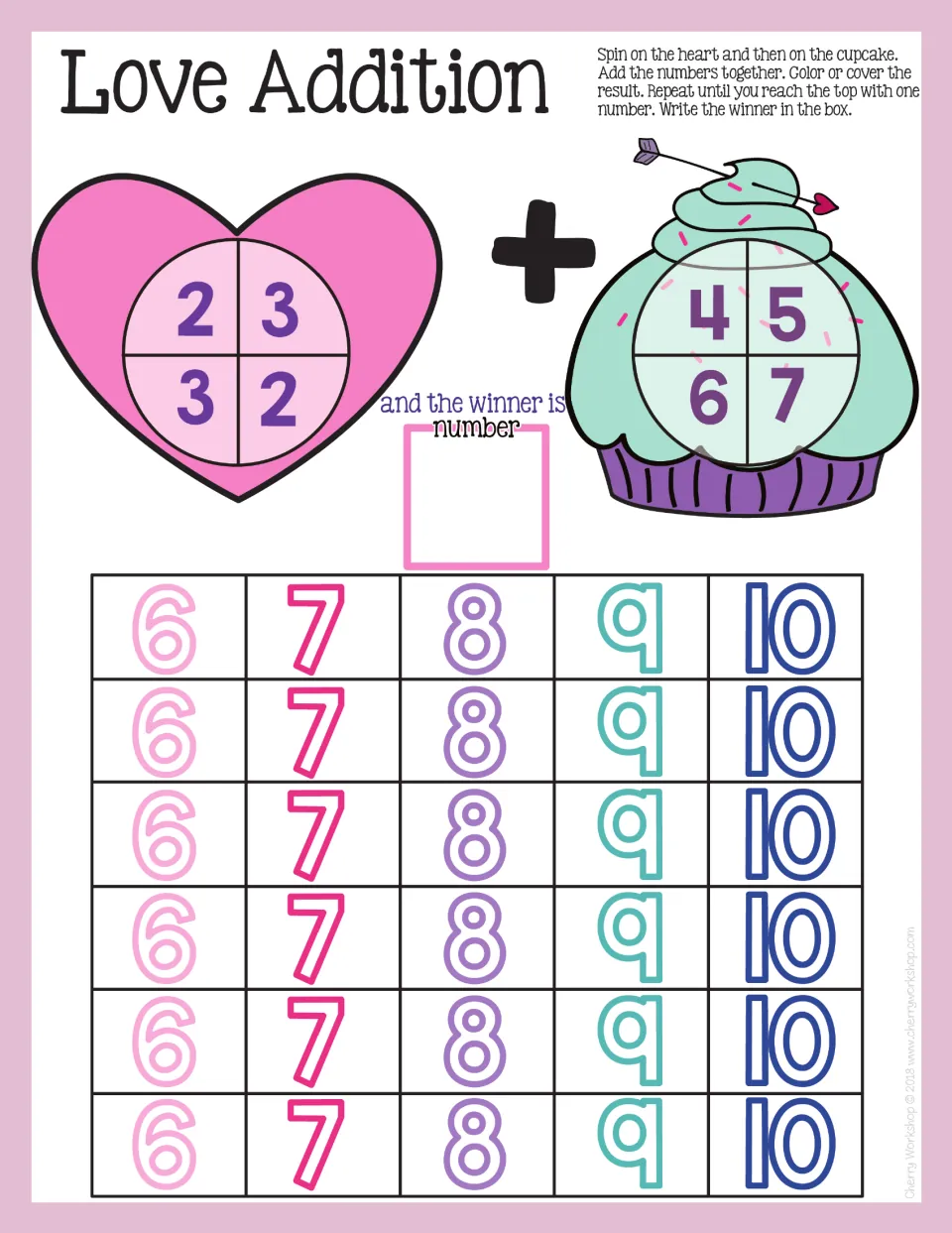 Love Addition mat adding heart spinner 2–3 and cupcake spinner 4–7, with sums 6 to 10 to color or cover