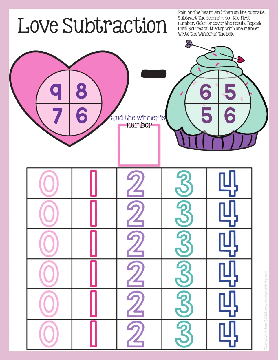 Love Subtraction mat: heart spinner 6–9 minus cupcake spinner 5–6, with differences 0 to 4 to color or cover