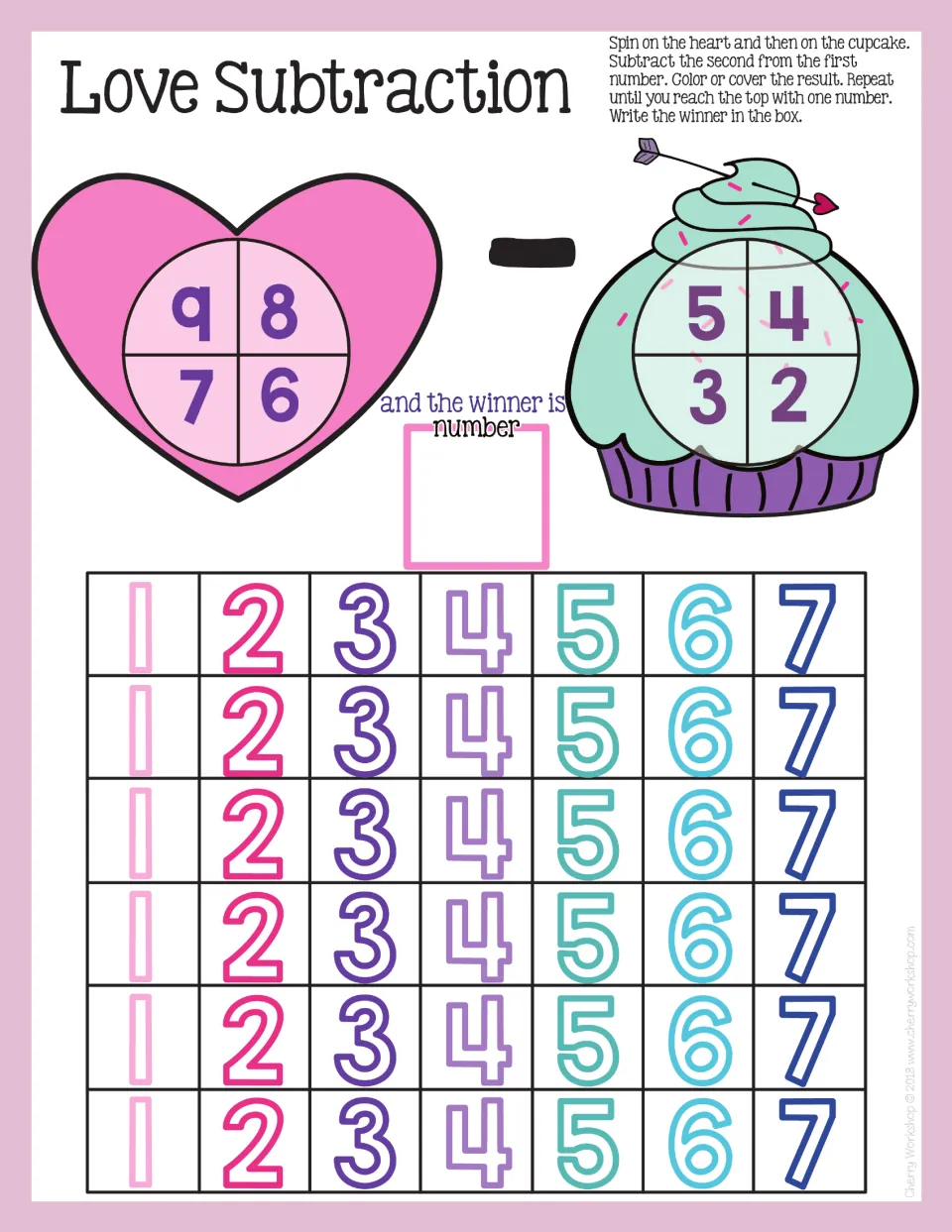 Love Subtraction mat: heart spinner 6–9 minus cupcake spinner 2–5, with differences 1 to 7 to color or cover