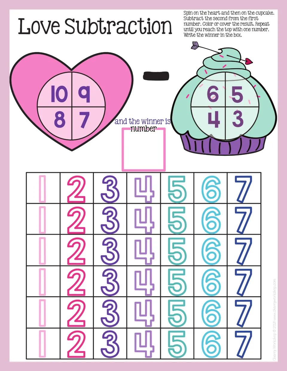 Love Subtraction mat: heart spinner 7–10 minus cupcake spinner 3–6, with differences 1 to 7 to color or cover