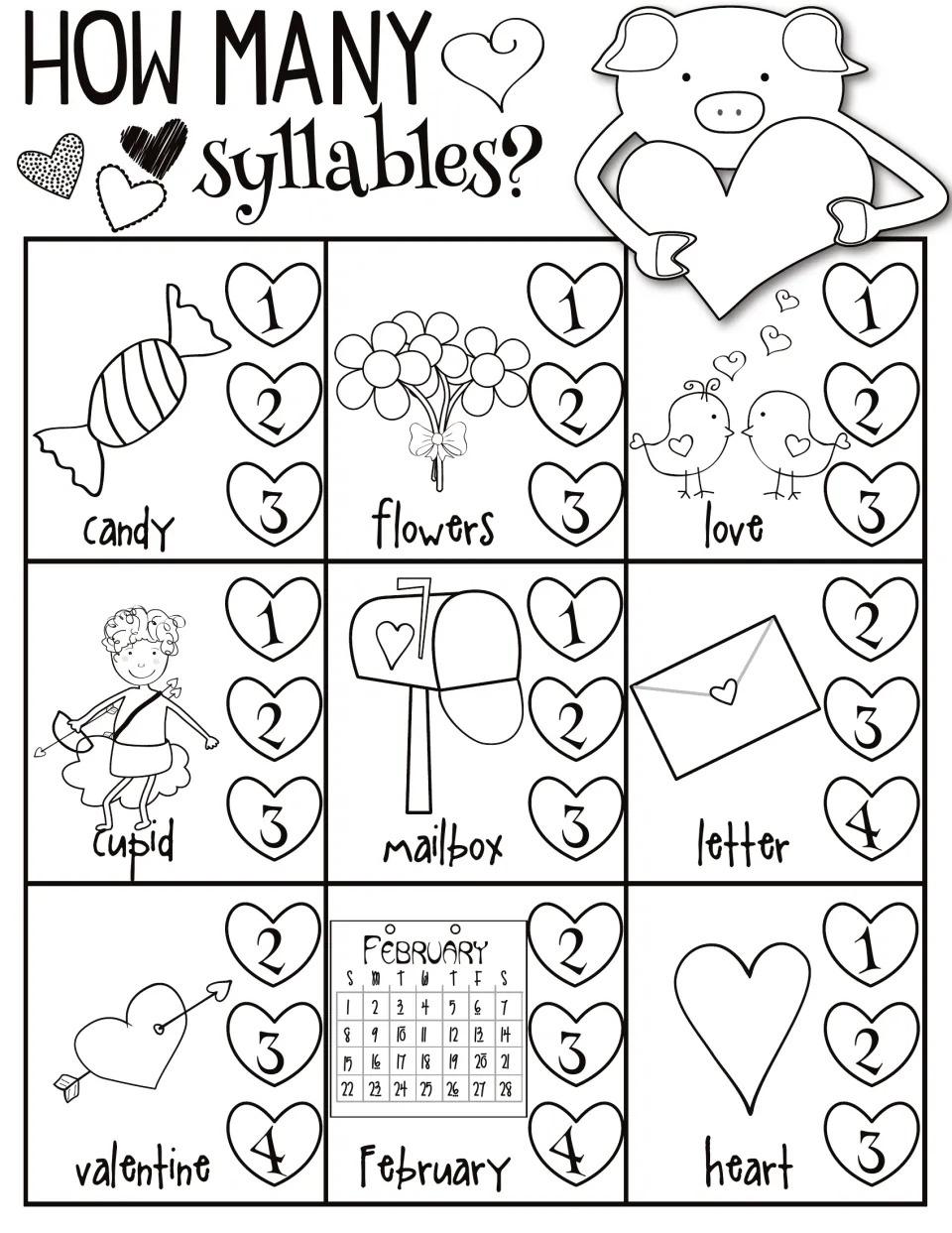 Counting syllables: students choose the heart showing 1 to 4 syllables for 9 Valentine words like candy, cupid and February