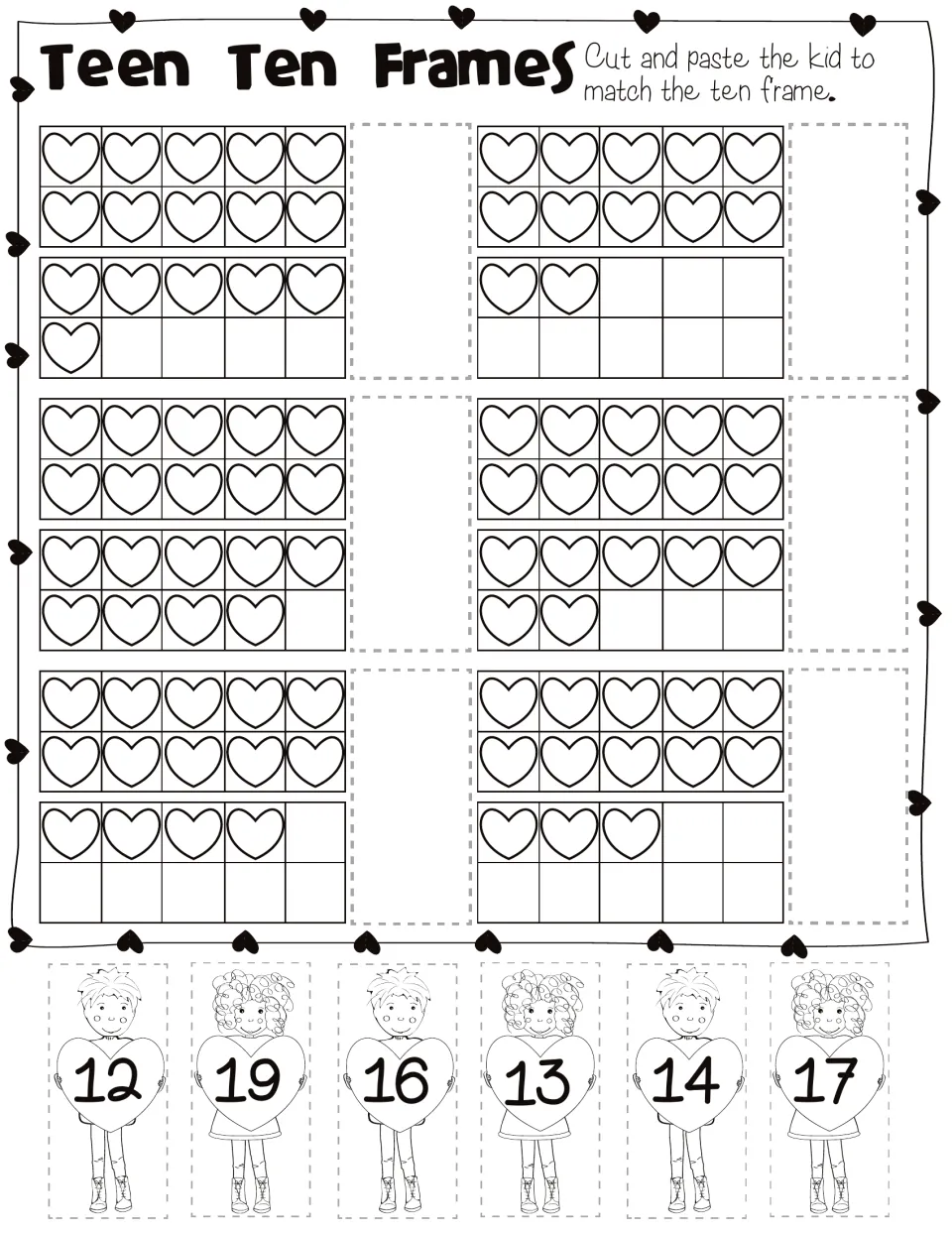 Teen number worksheet: match ten frames showing 12, 13, 14, 16, 17, and 19 to cut-out children holding numbers.