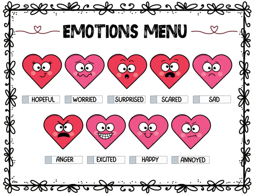 Color emotions choice board: hopeful, worried, surprised, scared, sad, anger, excited, happy, and annoyed.