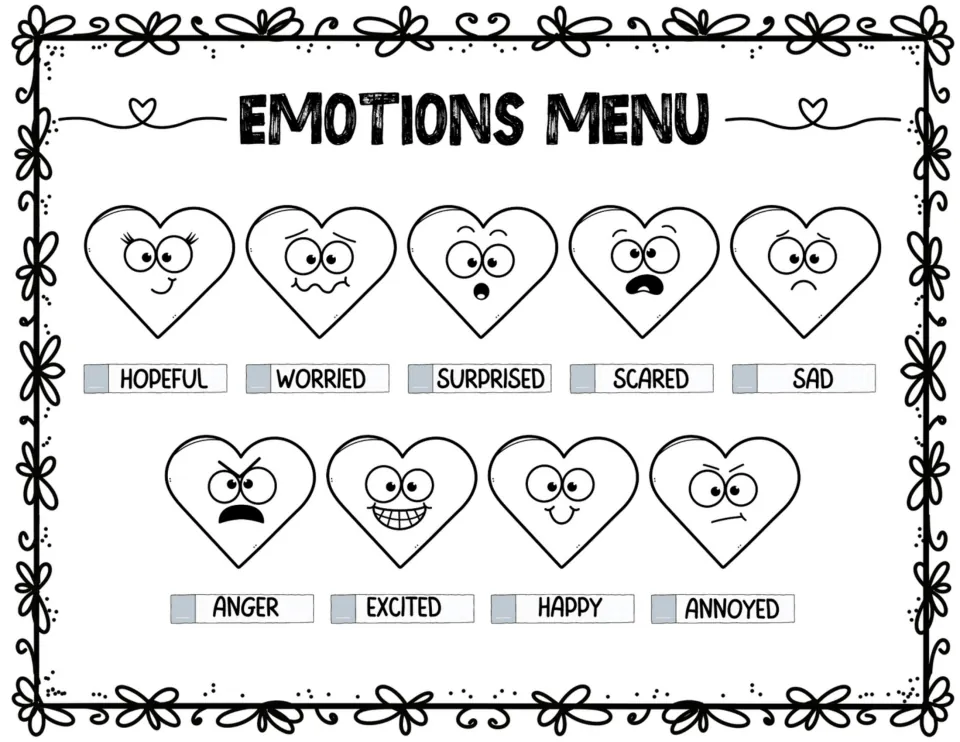 Black-and-white emotions choice board: hopeful, worried, surprised, scared, sad, anger, excited, happy, and annoyed.