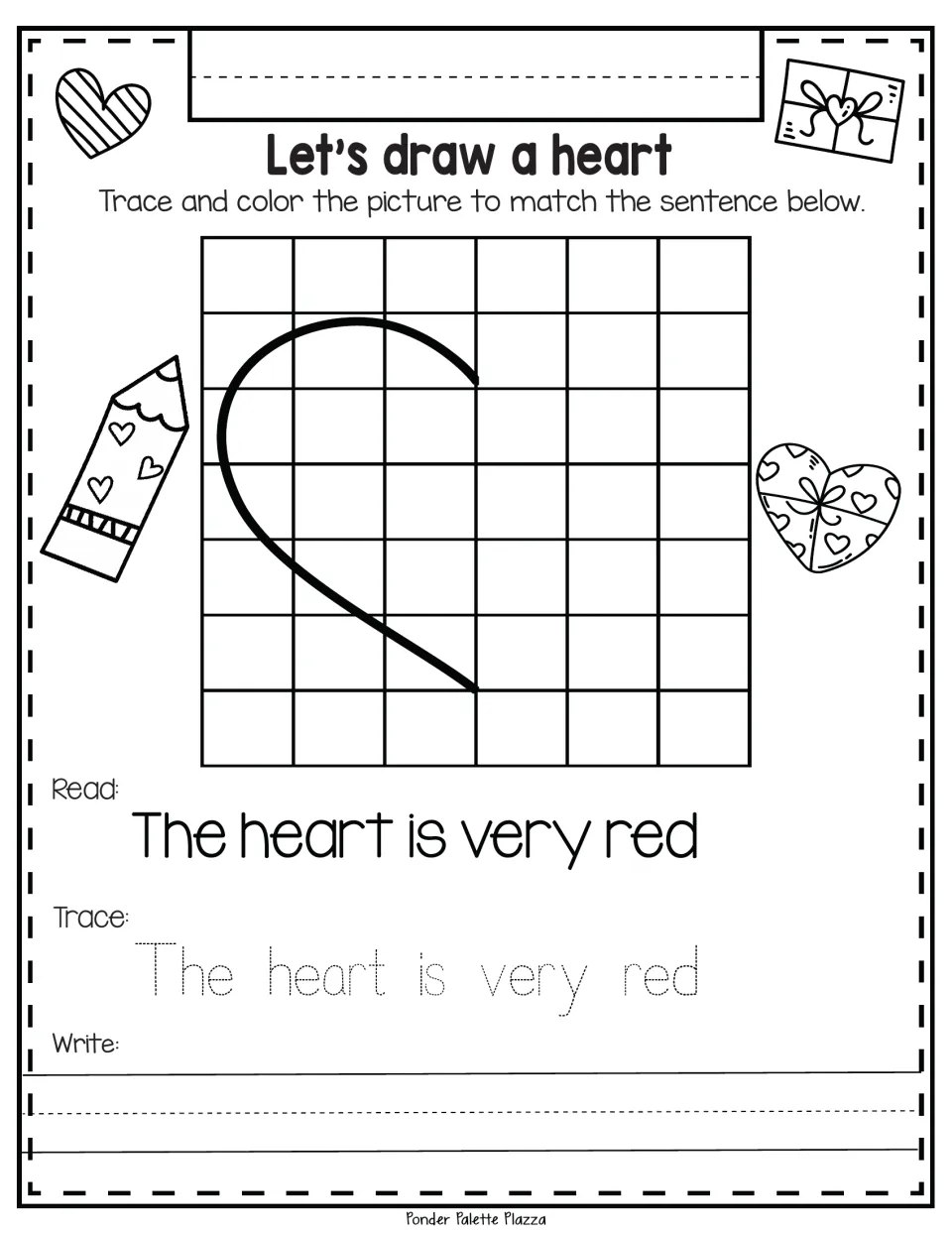 Heart drawing and handwriting activity: read, trace, and write 'The heart is very red' and color the heart.