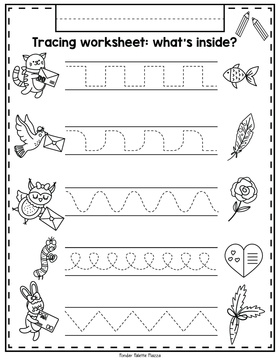 Valentine tracing activity: practice five paths with square turns, curves, waves, loops, and zigzags.