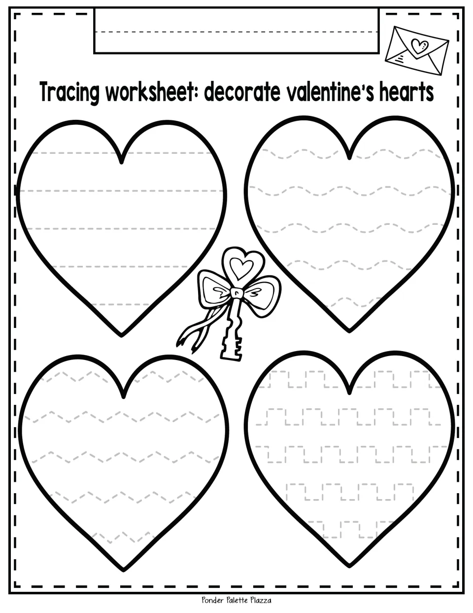 Heart decorating activity: trace straight, wavy, zigzag, and stair-step patterns inside four hearts.
