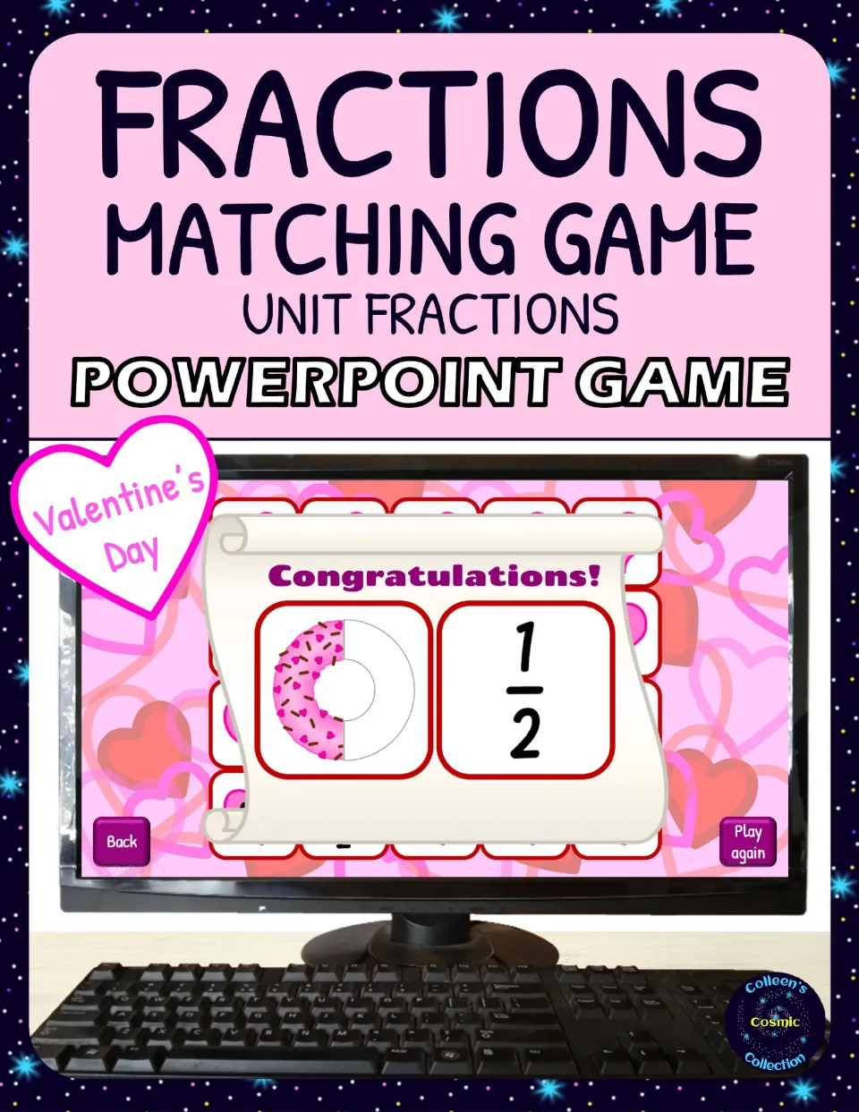 Cover of the Valentine's Day unit fractions game, showing a donut half matched to the fraction 1/2