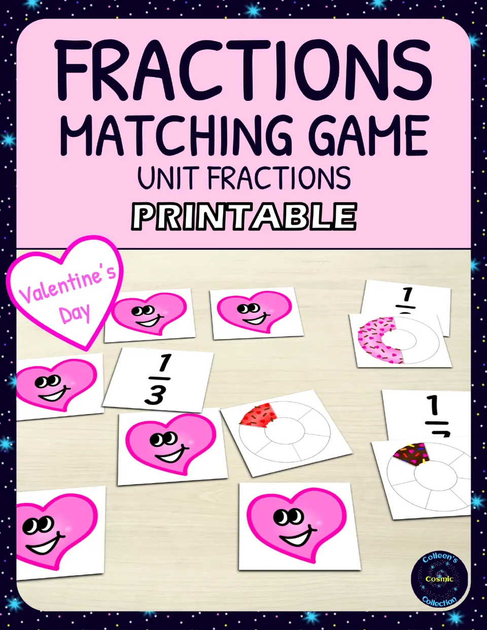 Cover of the printable Valentine's Day unit fractions matching game, showing donut and fraction symbol cards