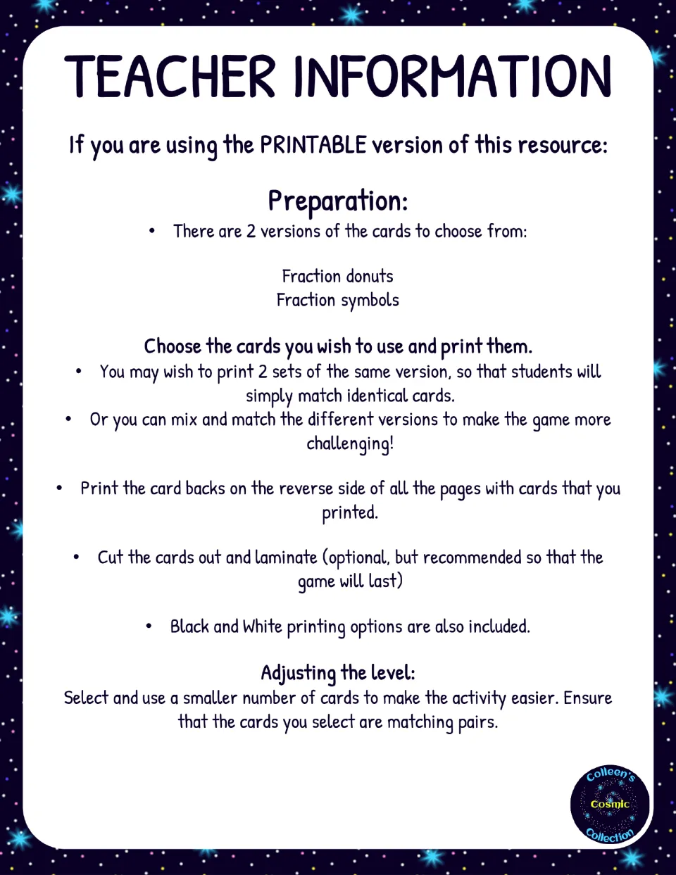 Teacher preparation directions for printing donut and symbol cards, adding backs, and choosing matching pairs