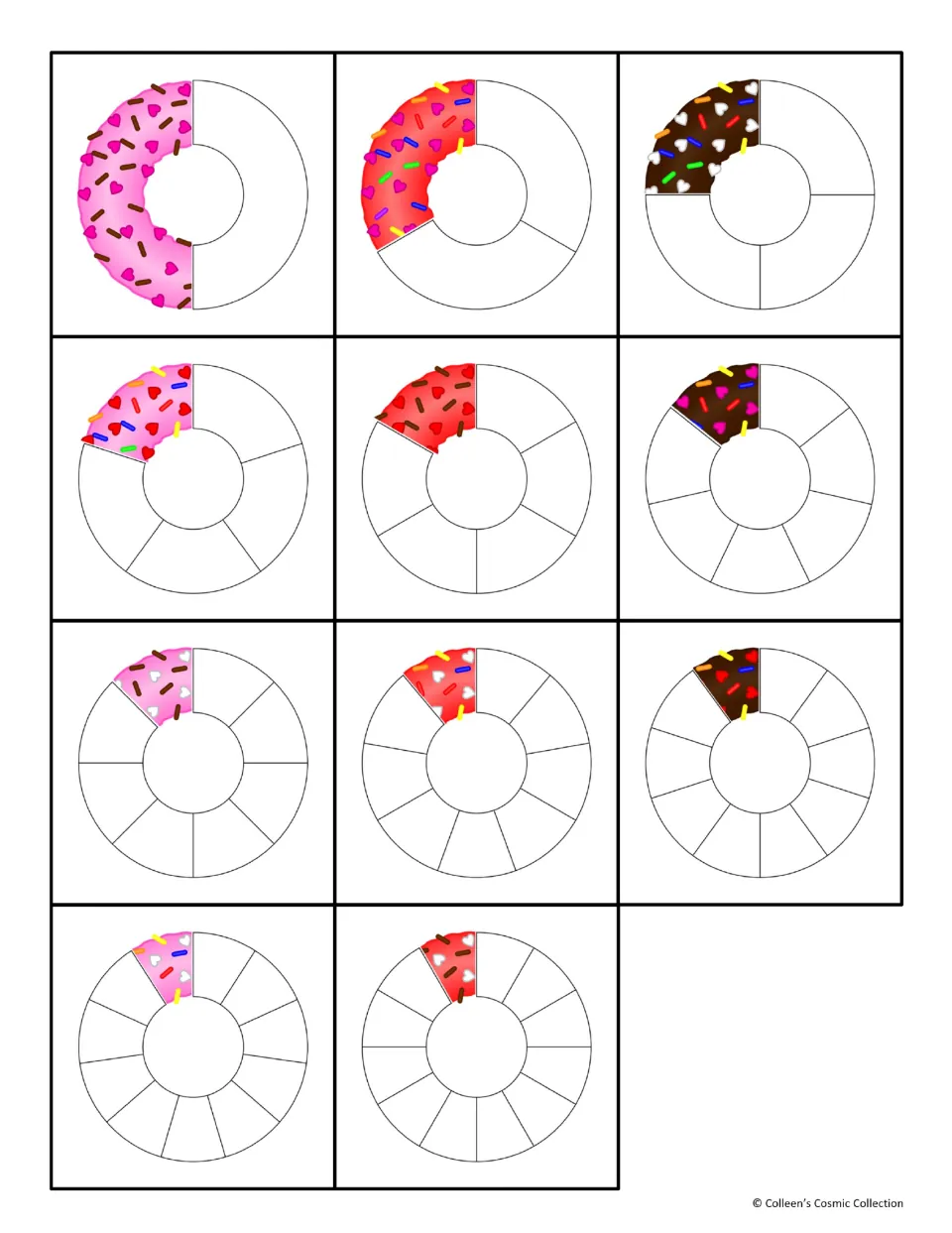 Eleven color donut cards for the matching game, each showing one frosted fraction from 1/2 through 1/12