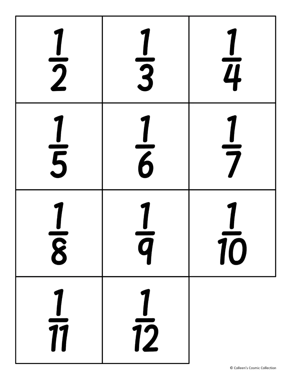 Eleven fraction symbol cards for the matching game: unit fractions from 1/2 through 1/12 to pair with donuts