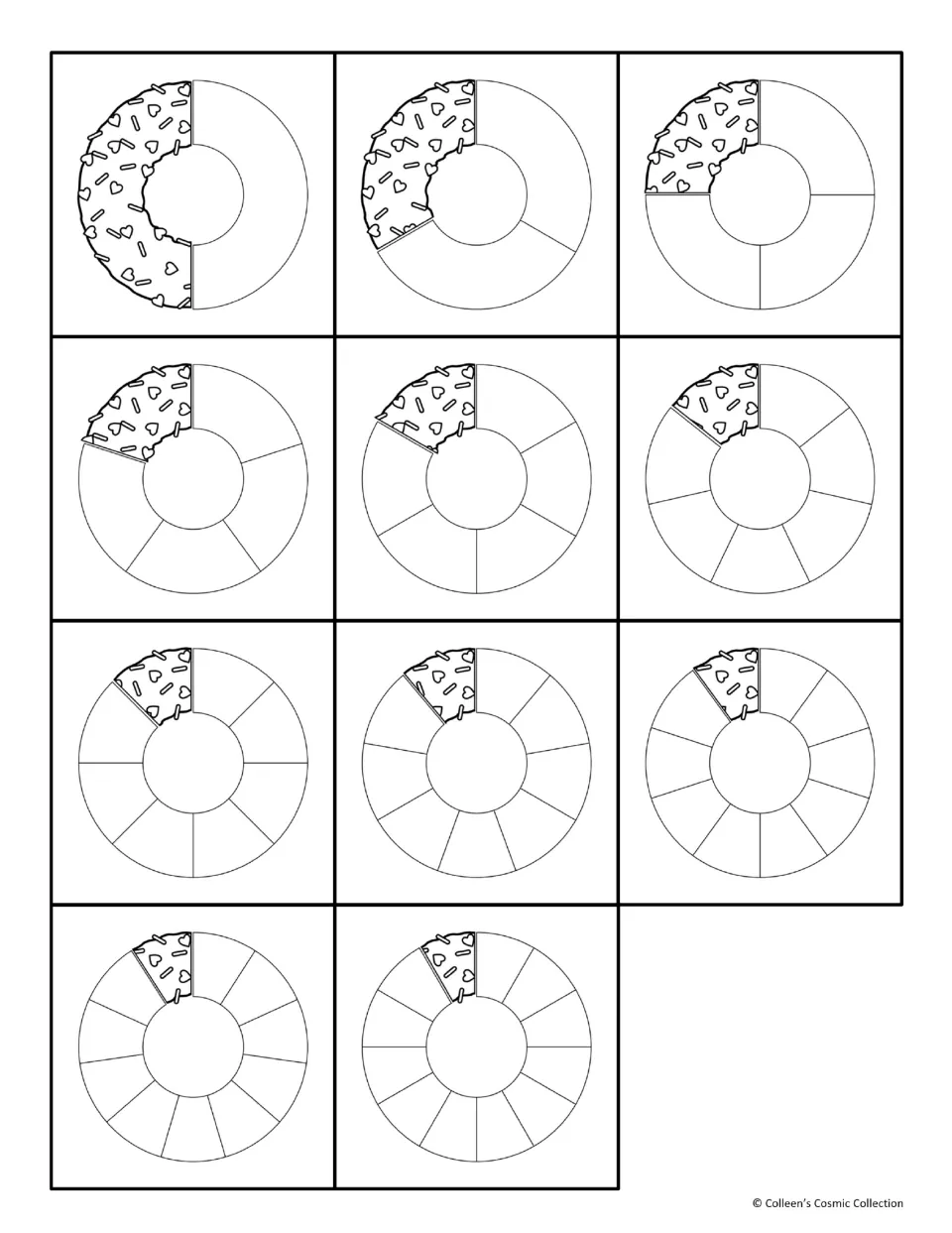 Eleven black-and-white donut cards for the matching game, showing unit fractions from 1/2 through 1/12