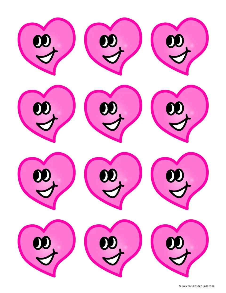 Twelve color card backs for the unit fractions matching game, each featuring the same smiling pink heart