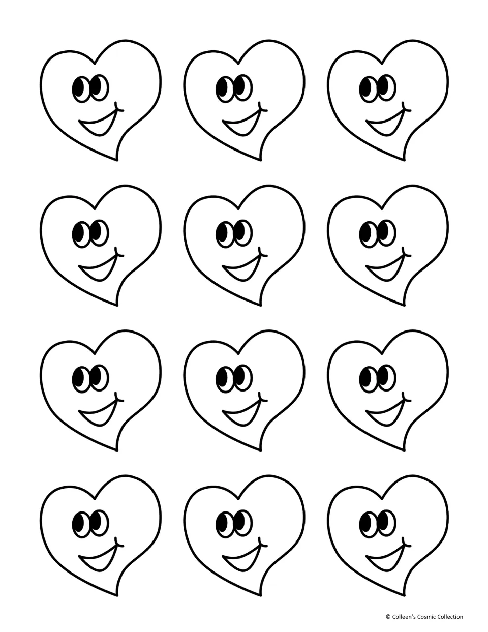 Twelve black-and-white card backs for the unit fractions matching game, each featuring a smiling heart