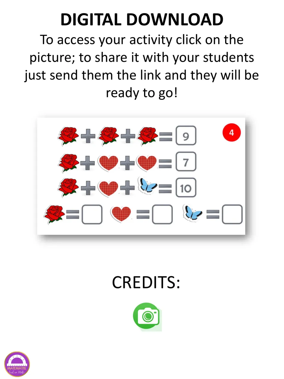 Digital access instructions for the visual algebra activity, with sample card 4 using roses, hearts, and butterflies