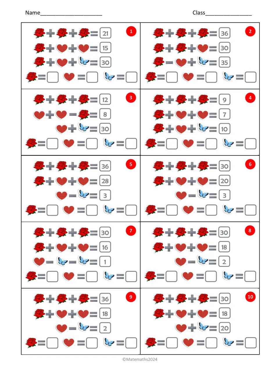 Visual algebra cards 1–10 ask students to find rose, heart, and butterfly values using addition and subtraction