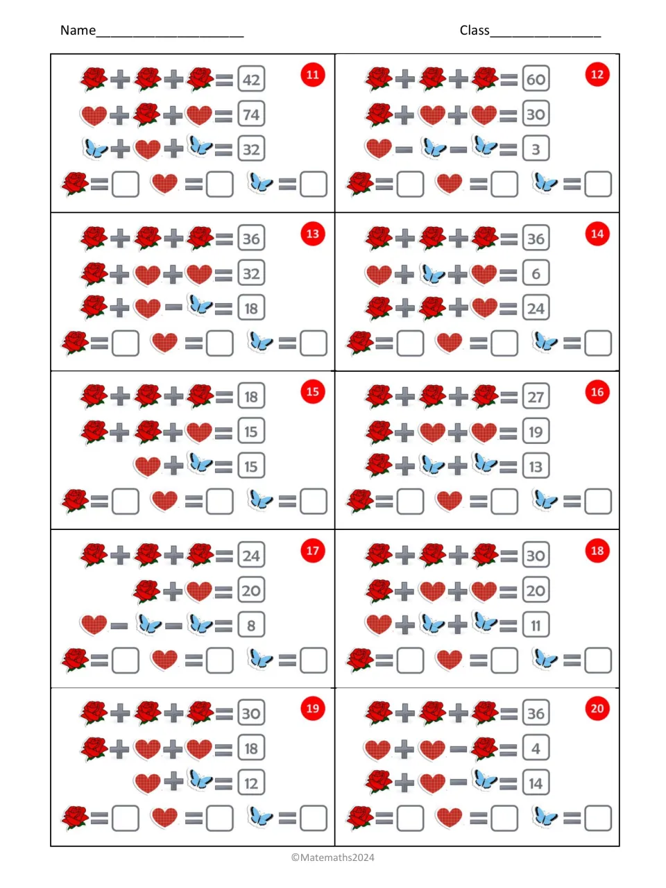 Visual algebra cards 11–20 ask students to solve rose, heart, and butterfly equations; three roses total 42 in card 11