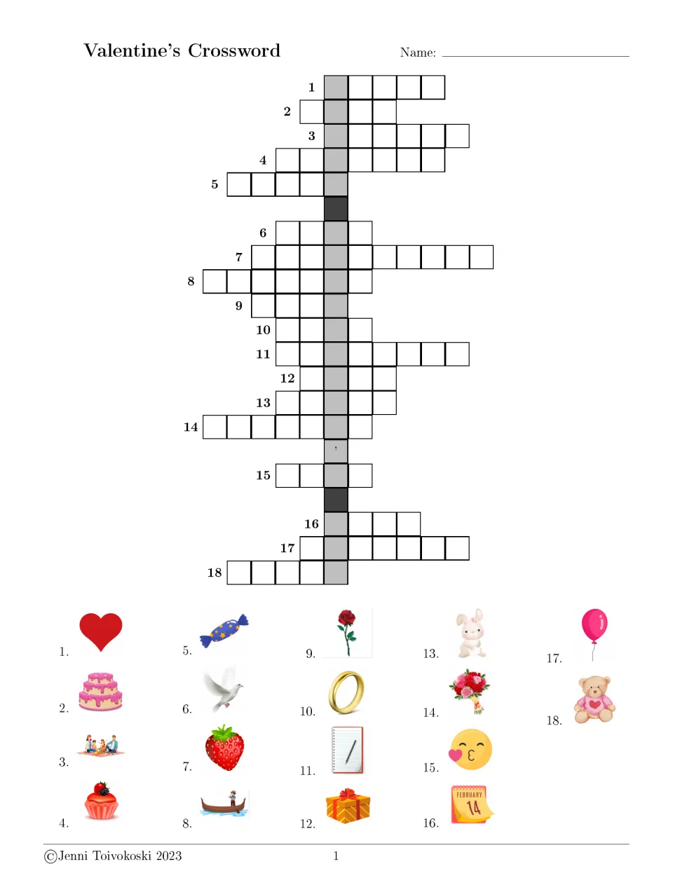 Valentine's vocabulary crossword: 18 picture clues including a heart, cake, picnic, cupcake, and candy