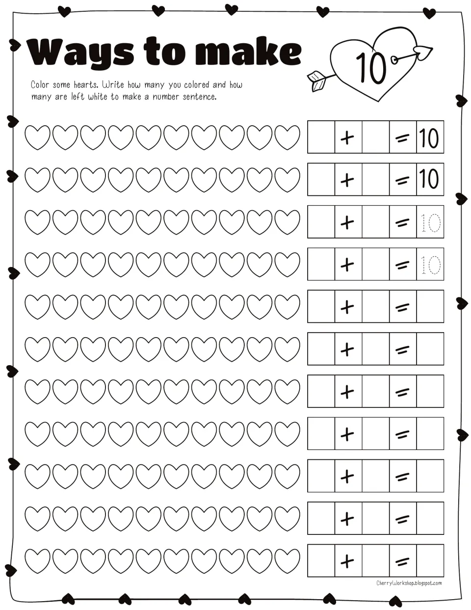 Ways to make 10: students color some of 10 hearts in each of 11 rows, then write the colored + white addition sentence