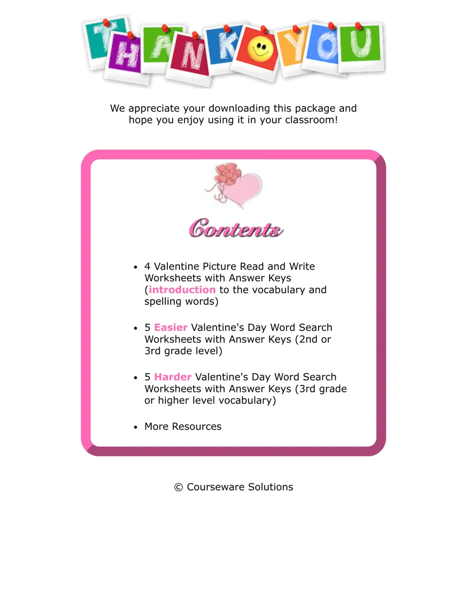 Contents list: 4 picture read-and-write sheets plus 5 easier and 5 harder word searches, all with answer keys