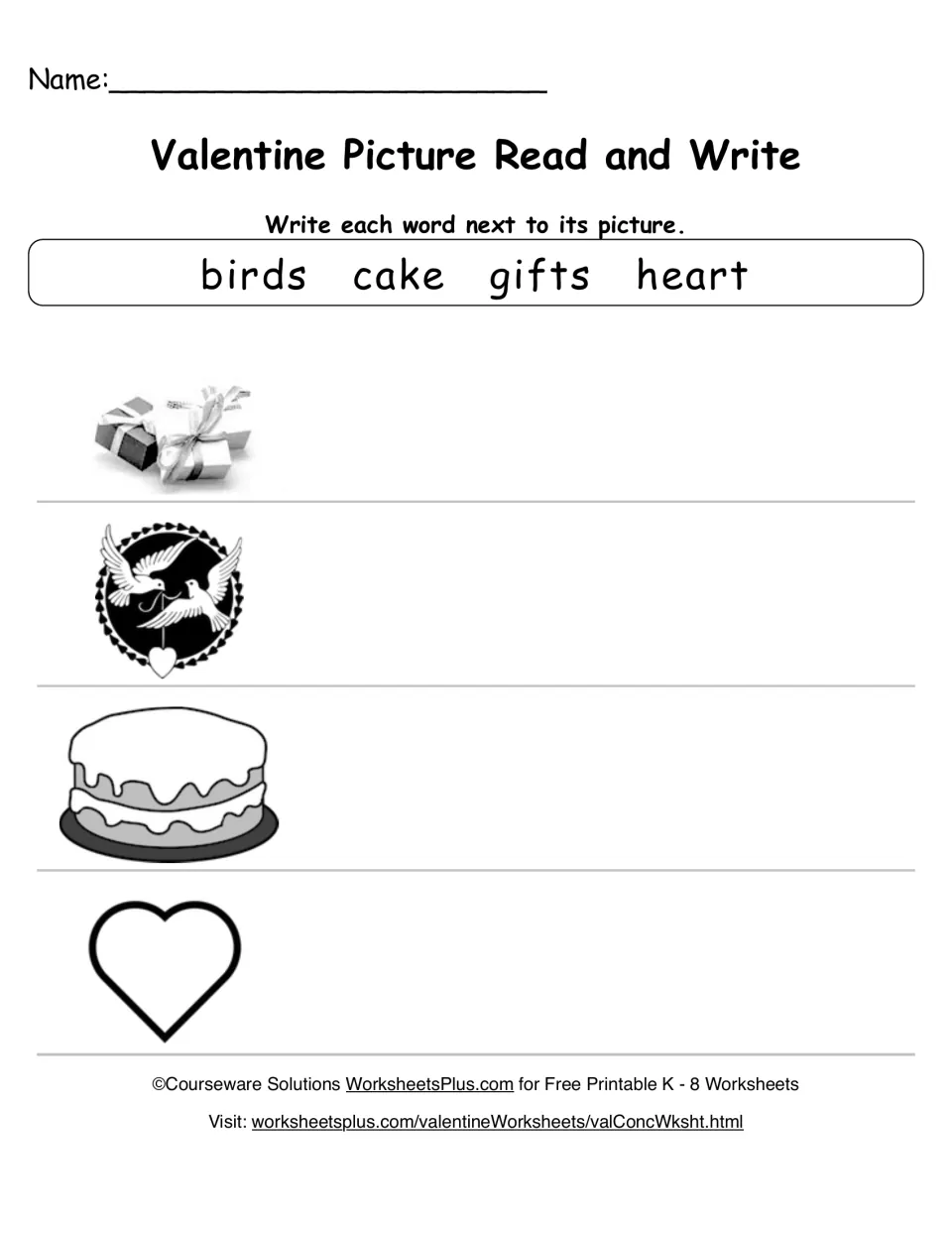 Valentine vocabulary: students write birds, cake, gifts or heart next to each matching picture to practise spelling