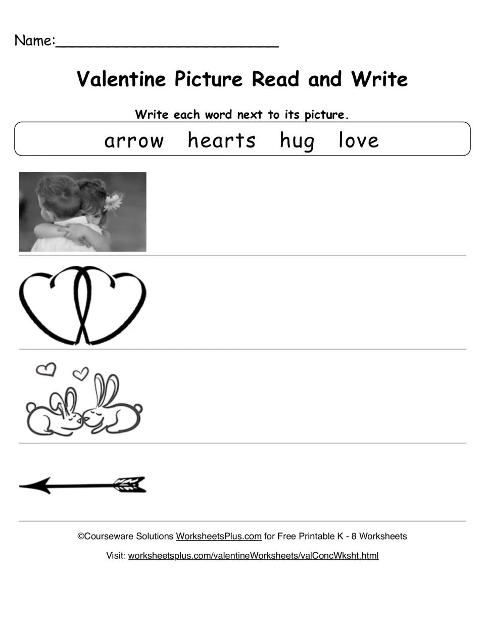 Valentine words: students write arrow, hearts, hug or love beside a hug photo, two hearts, kissing bunnies and an arrow