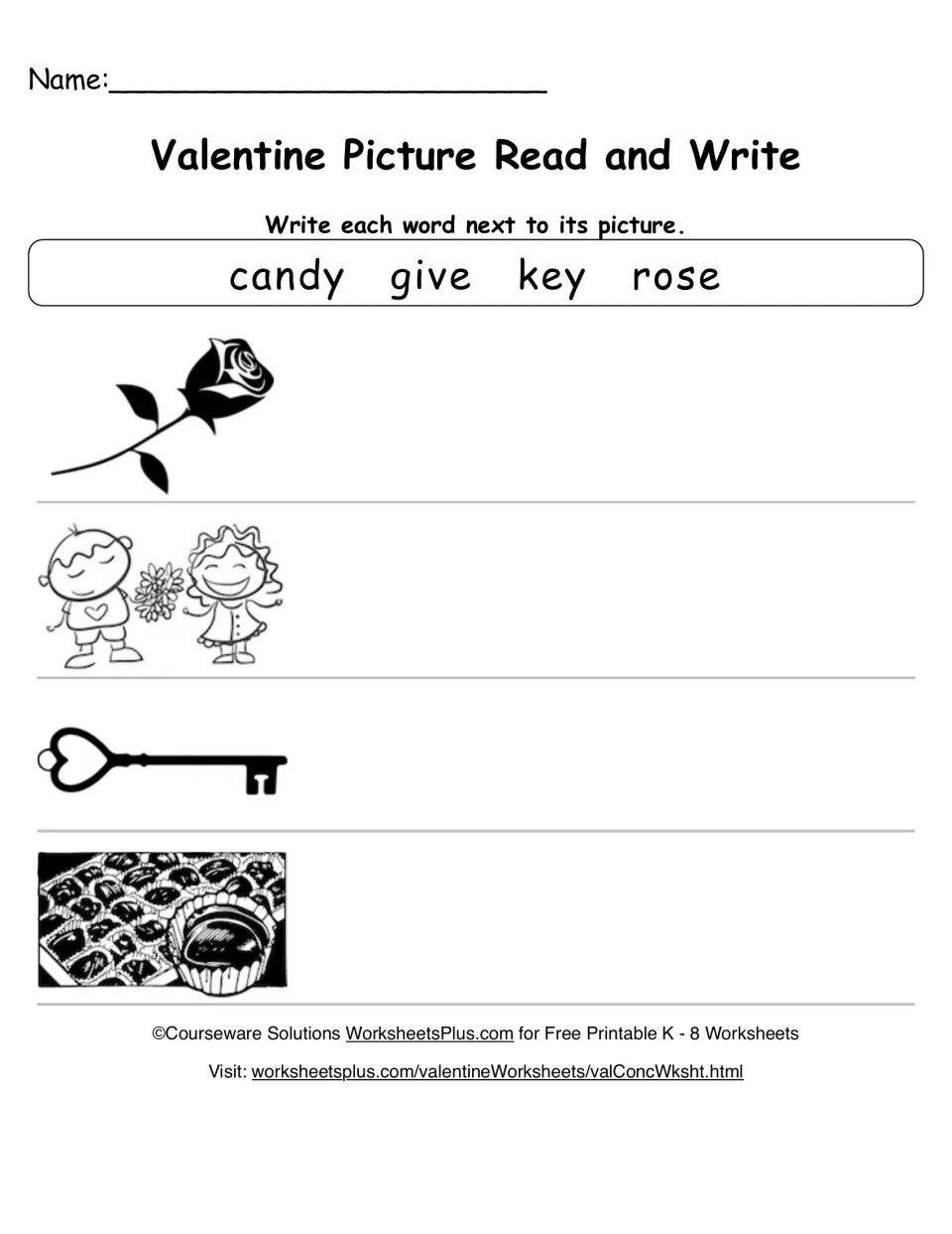 Valentine words: students write candy, give, key or rose beside a rose, kids sharing flowers, a heart key and chocolates